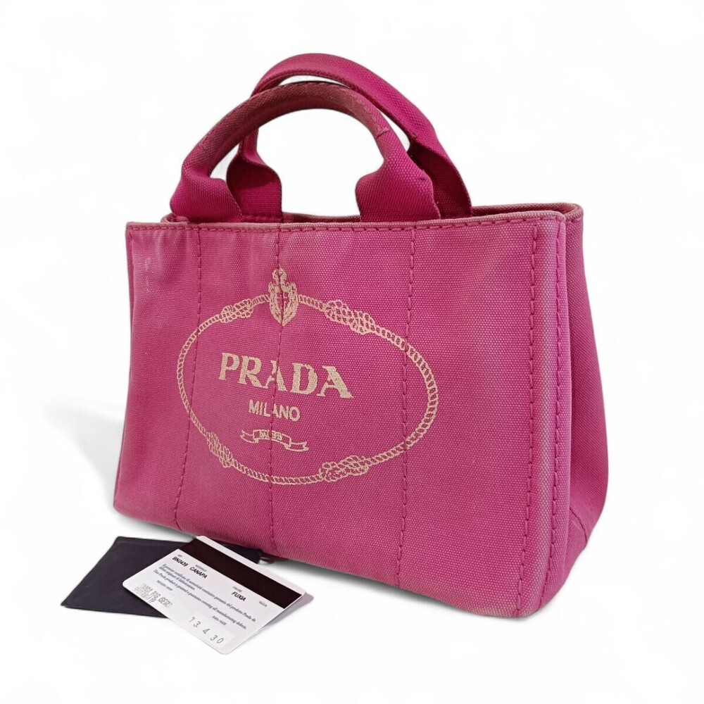 Prada Canapa Canvas Pink Handbag Card Triangle Plate Bag